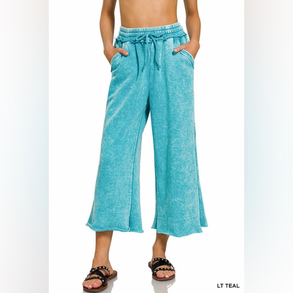Closeout teal Zenana ACID WASH FLEECE PALAZZO SWEATPANTS